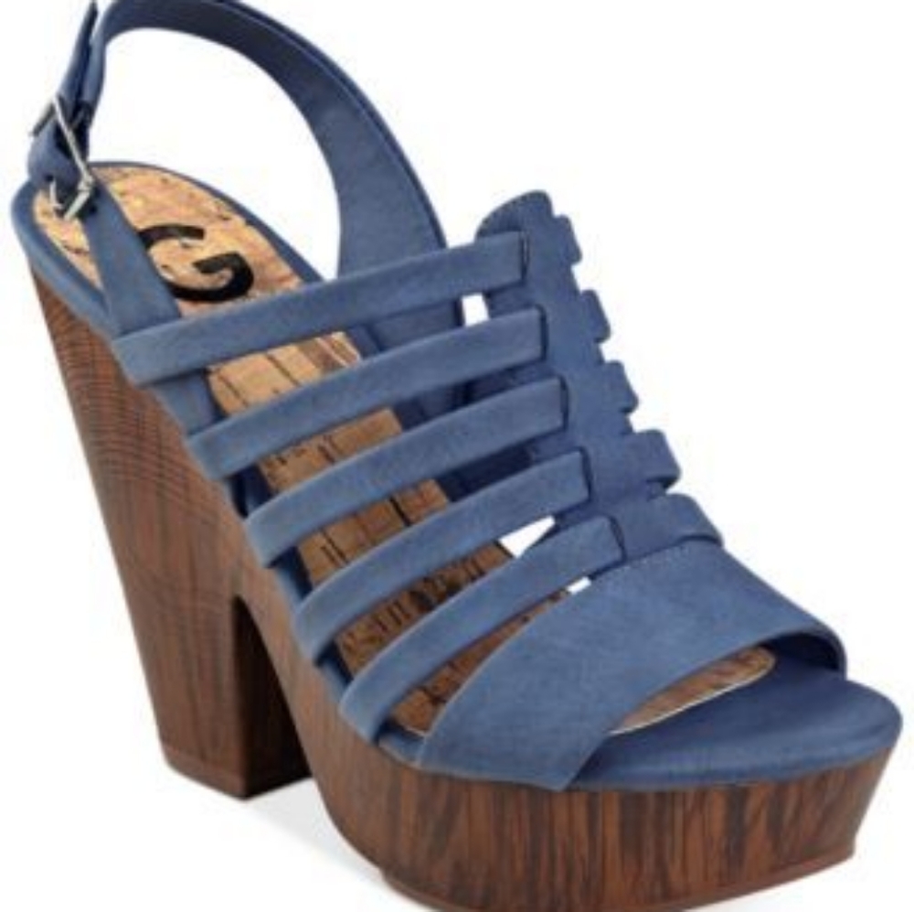 EUC G by GUESS Women's Seany Washed Denim/Jayne Nubuck Sandal Size 8.5